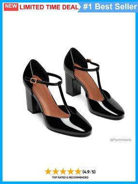 Mary Jane Chunky Heels T-Strap Square Closed Toe Pumps Ankle Strap Faux Leather